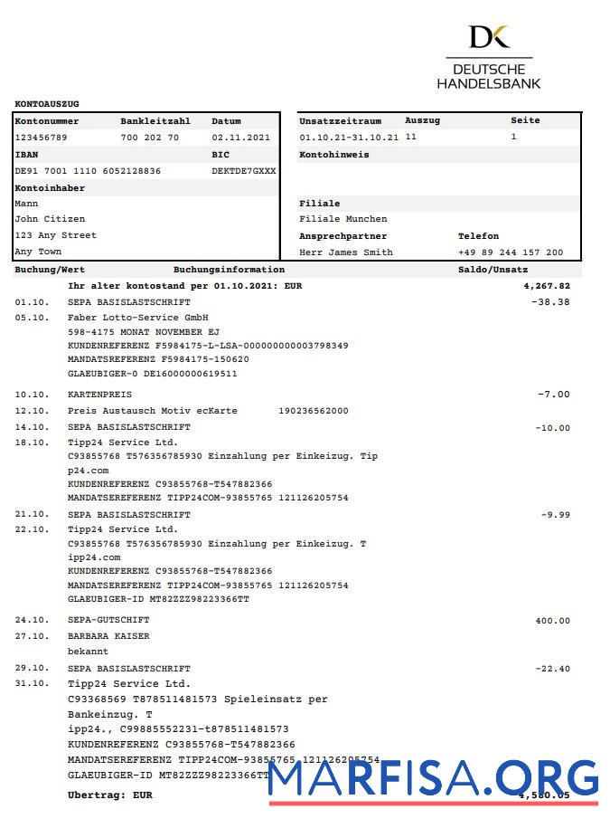 Printable Germany Deutsche Handelbank excel real example